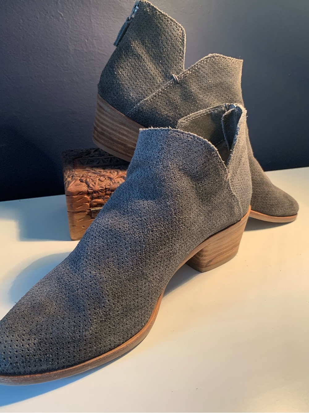 Dolce Vita Grey Suede Perforated Ankle Booties with Stacked Heel size 8.5